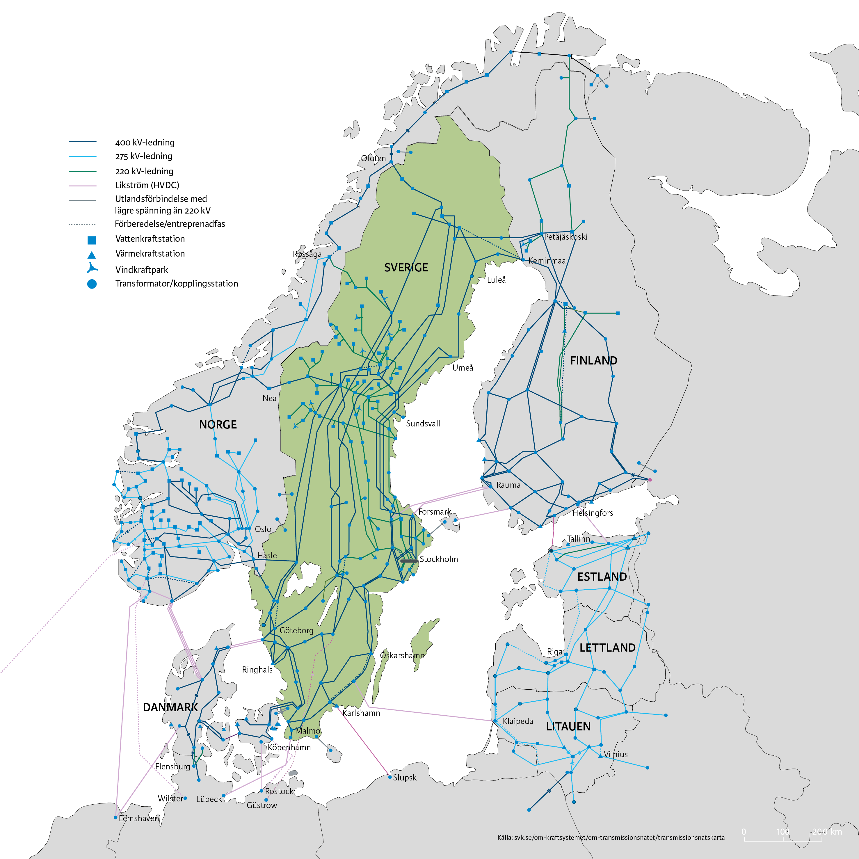 Bild på transmissionsnätet i Sverige 