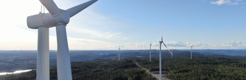 Flygbild över en horisont med vindkraftverk (foto)